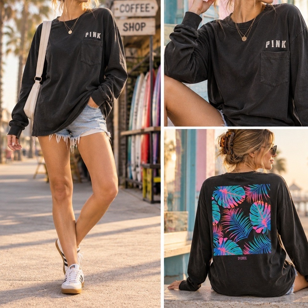 Victoria's Secret PINK XS Oversized Long Sleeve Tropical Graphic Pocket Tee